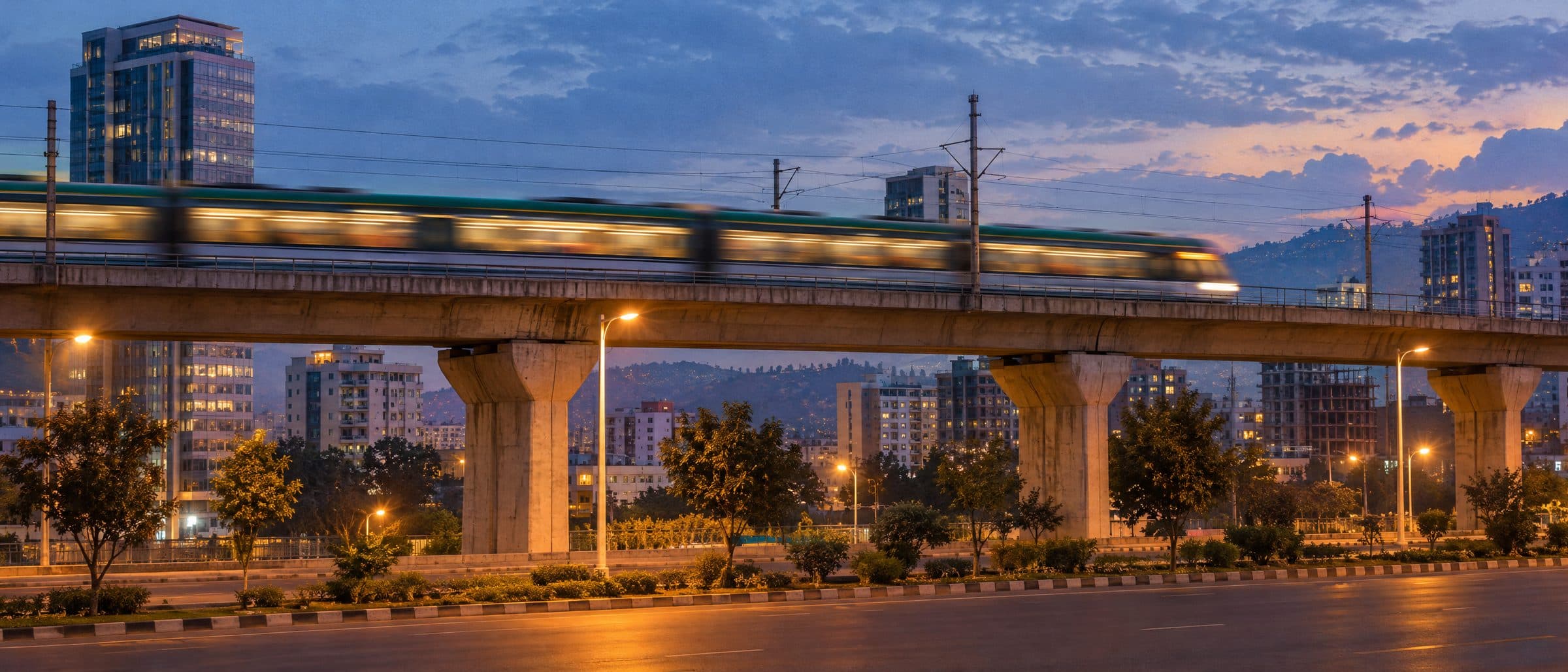 The Addis Ababa light rail passing at dusk