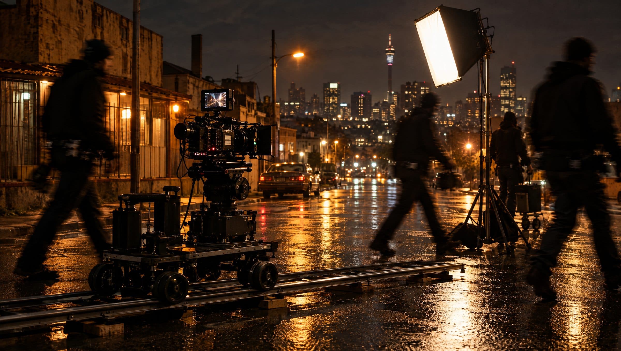 A cinema camera on a dolly track during a night shoot in Johannesburg