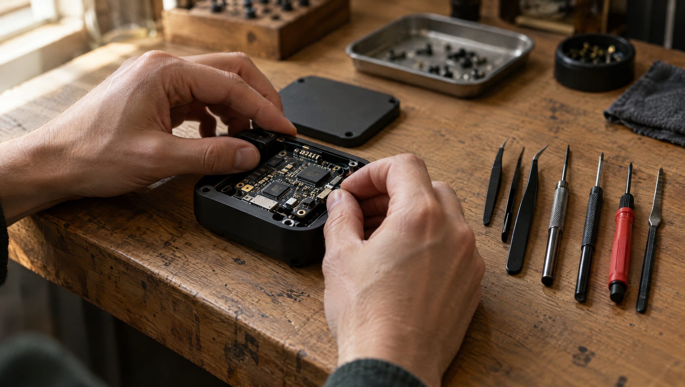 Hands assembling a small hardware prototype on a workbench