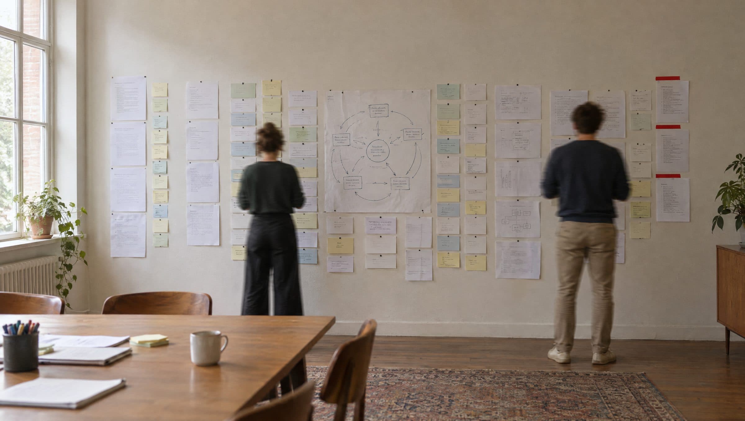A workshop wall of pinned paper and a hand-drawn system diagram, two people studying it