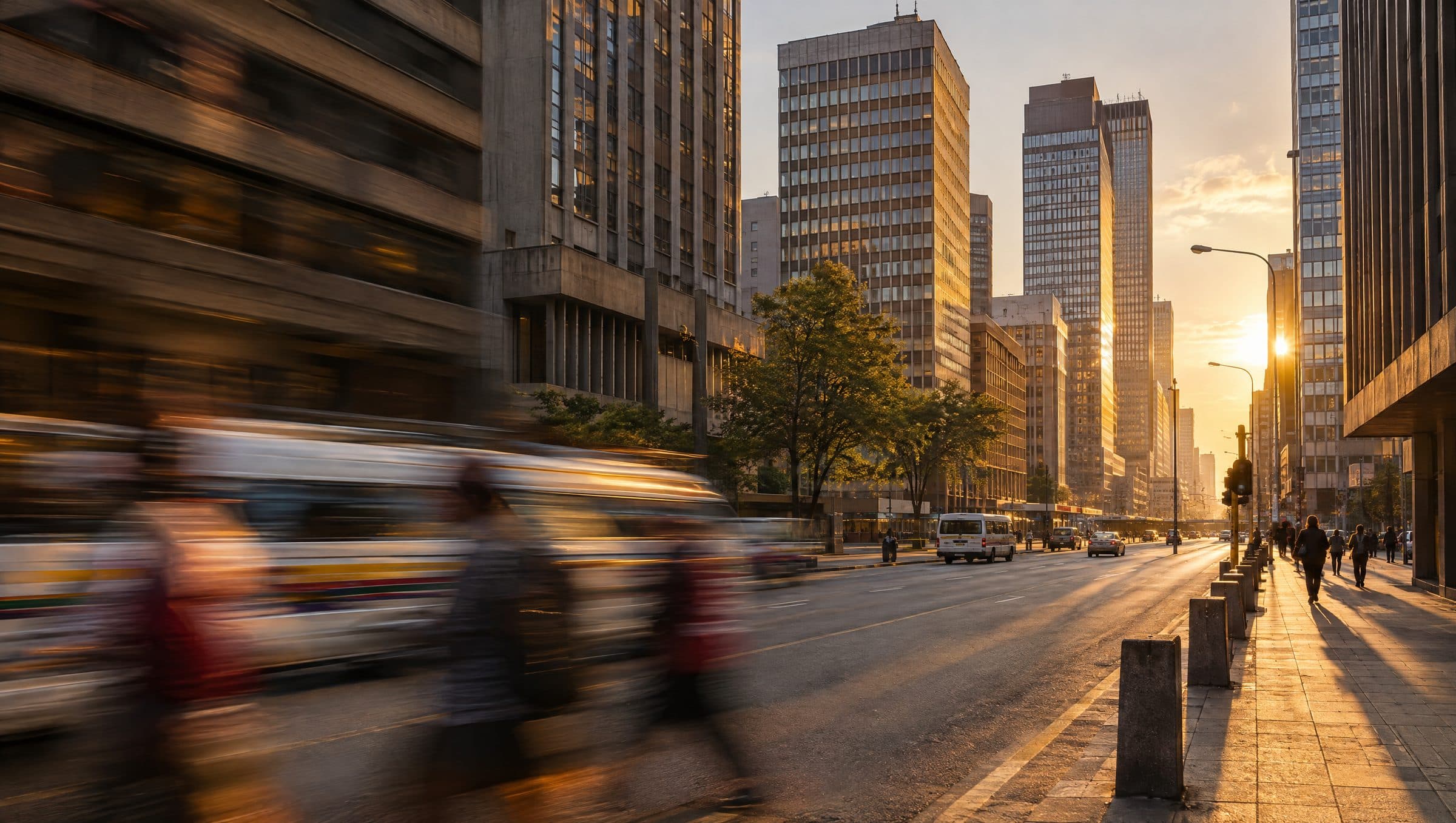 A Johannesburg street at golden hour, people and traffic blurred on the left, towers sharp on the right