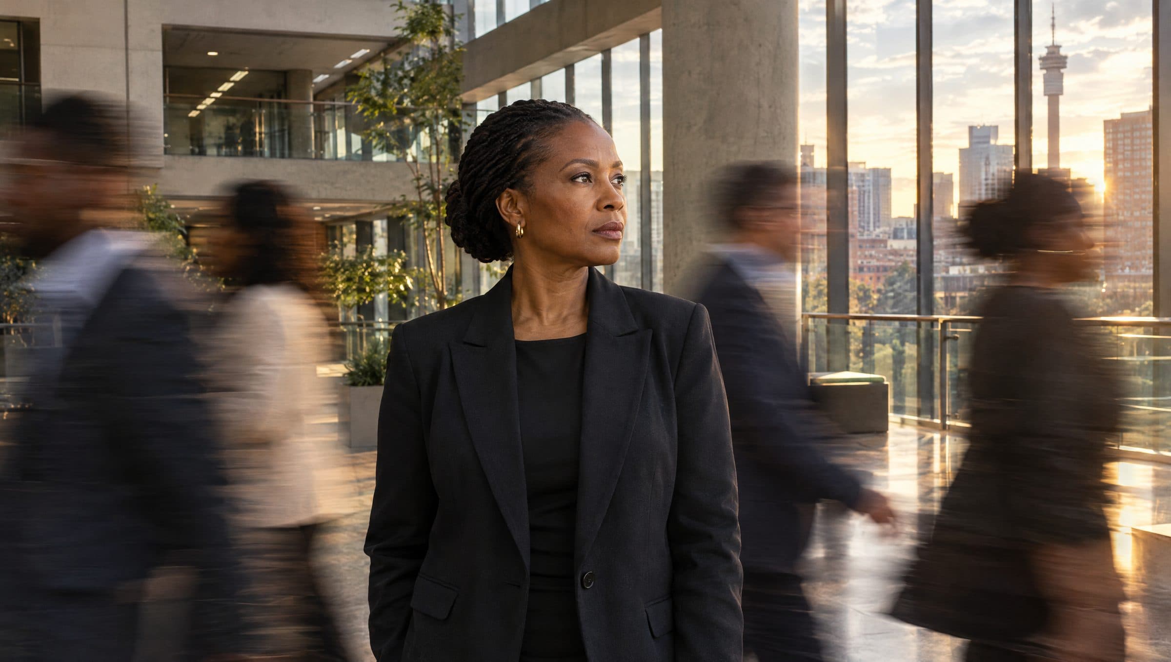 A professional stands still in a Johannesburg atrium while colleagues blur past