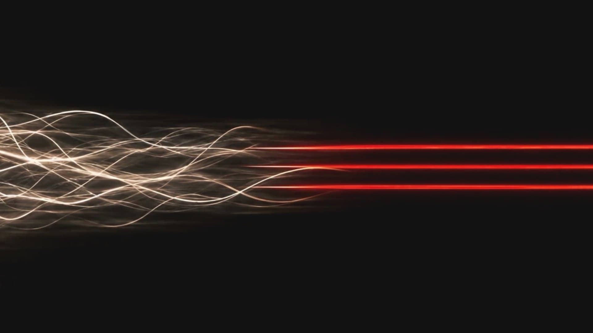 A frame from the Solveware film: tangled light on the left resolves into three red lines on the right