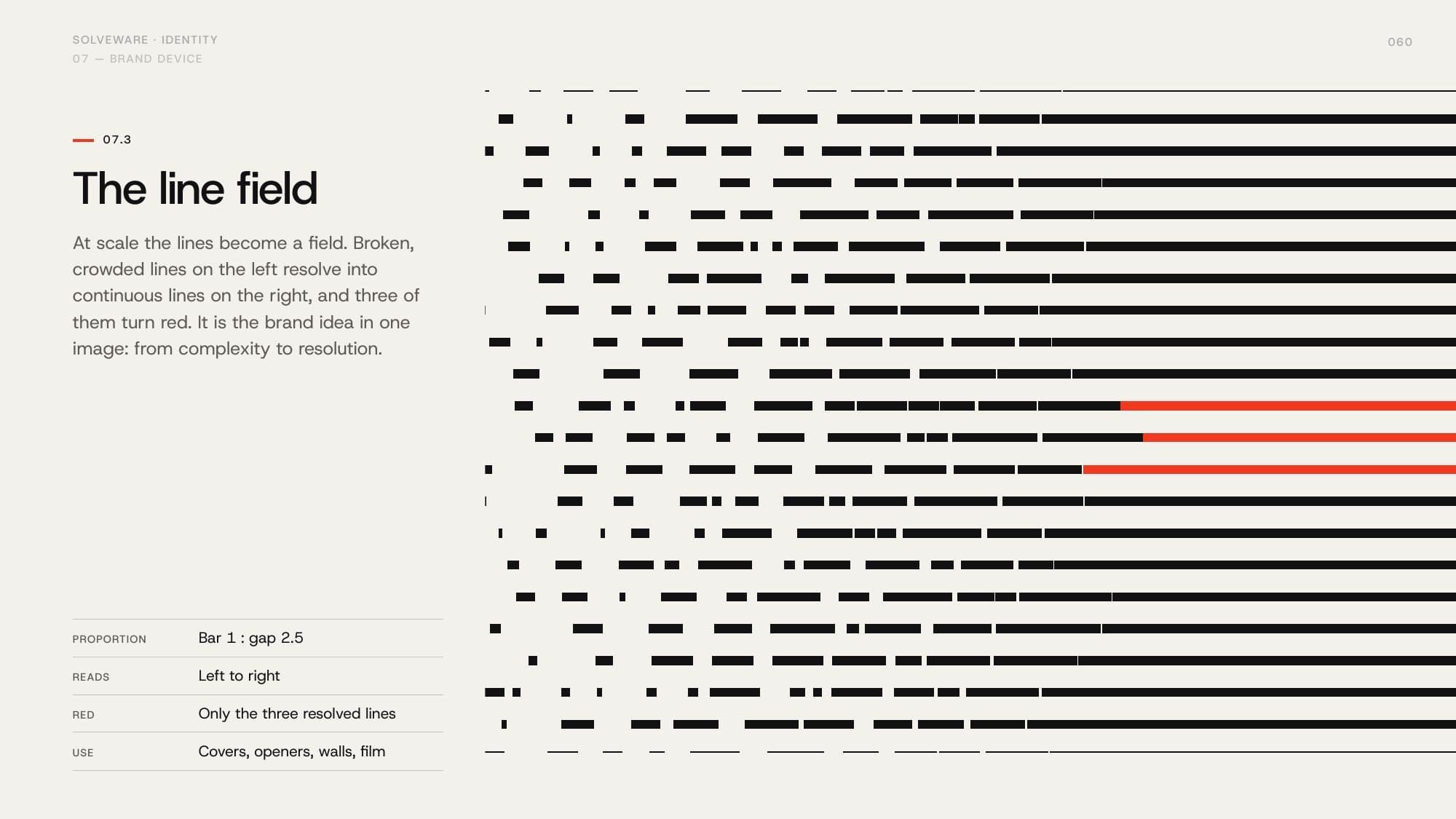 A field of broken lines resolving into continuous lines, three in red