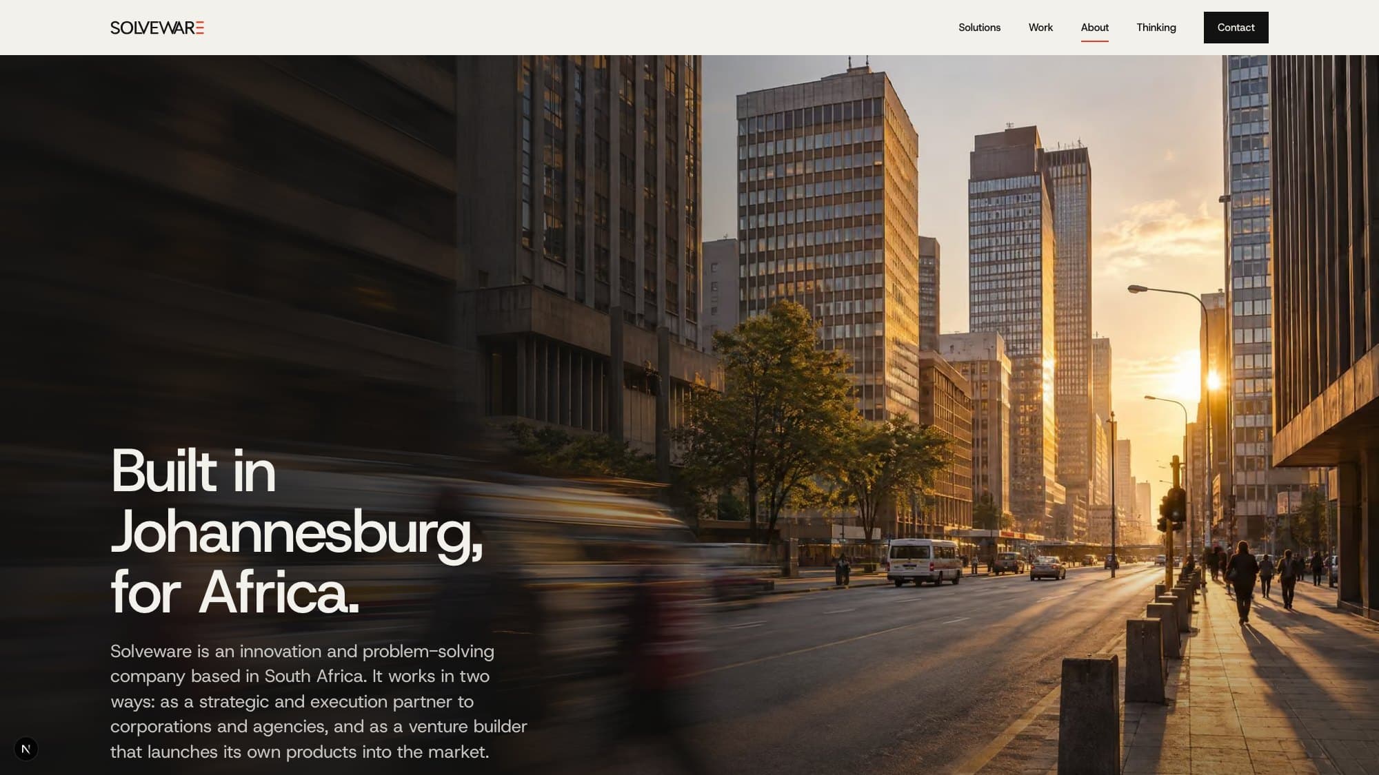 The About page opening over a Johannesburg street