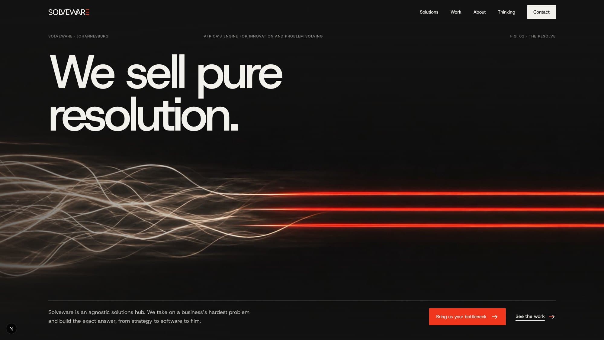 The Solveware home page: the headline above a film of light trails resolving into three red lines